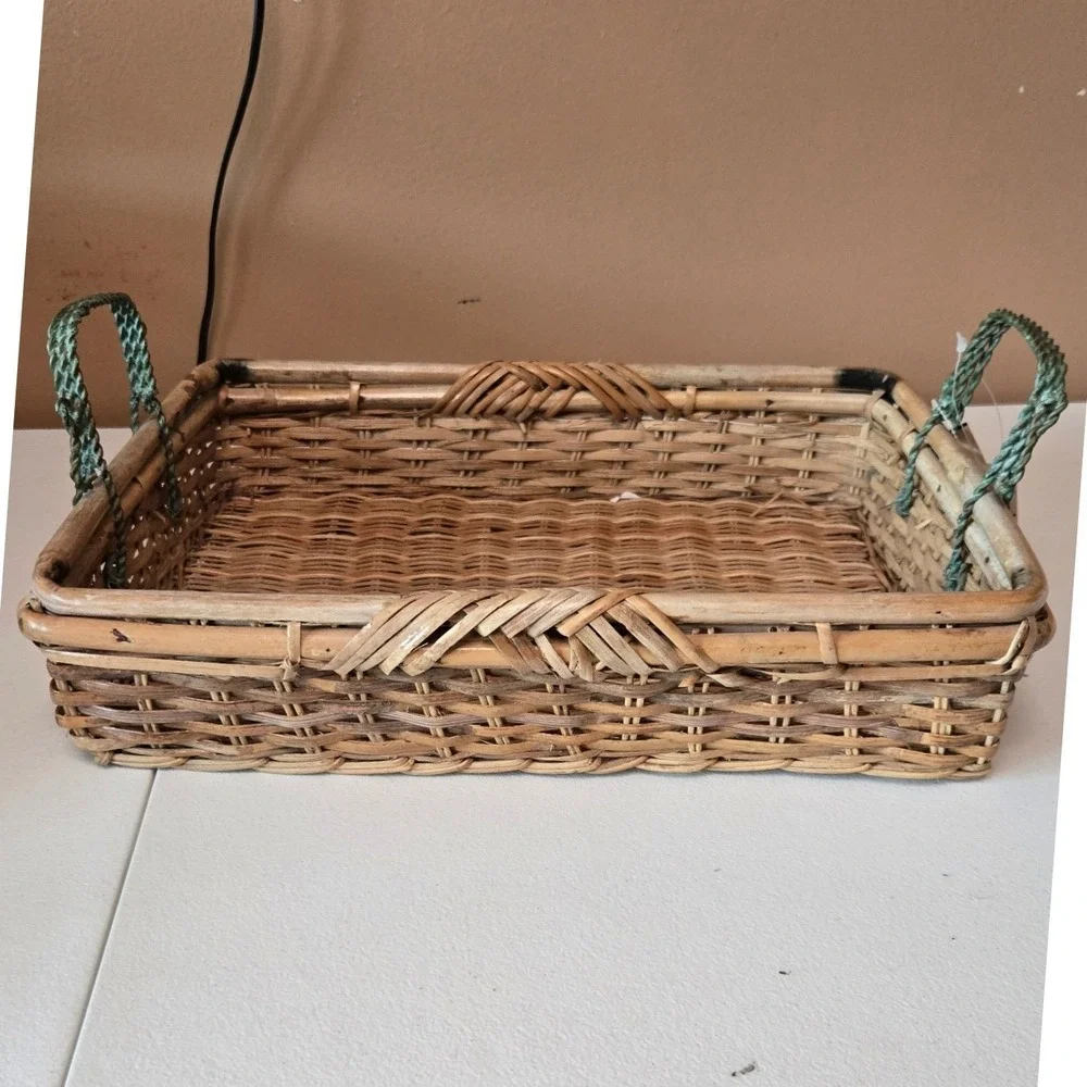 Vintage Heironimus Wicker Rattan Serving Basket Tray Green Metal Handles 16